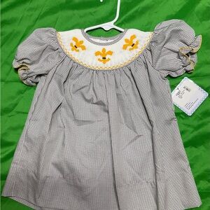 Smocked Gingham Dress with Floral Embroidery